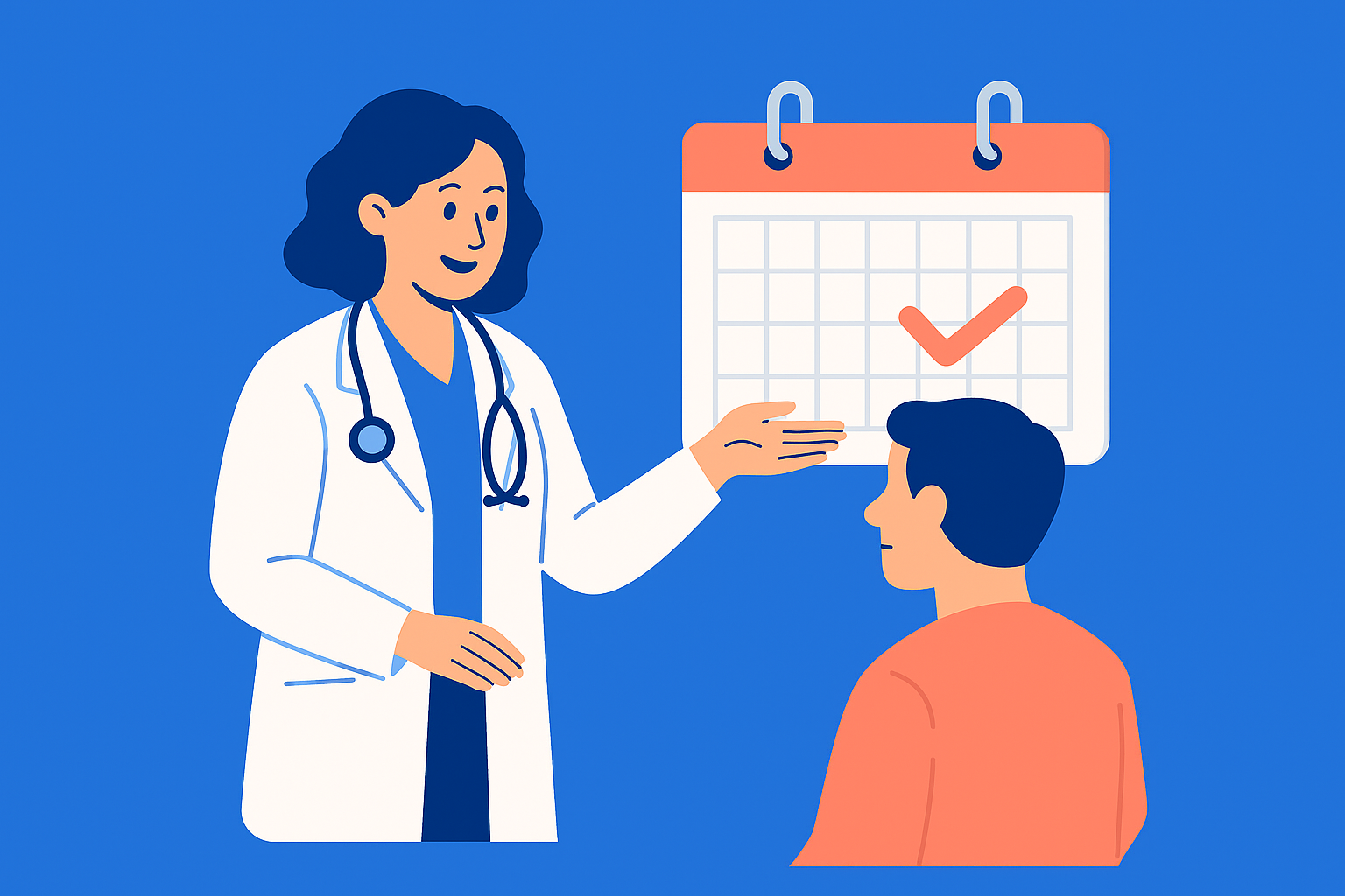 Doctor speaking with a patient beside a calendar with a checkmark