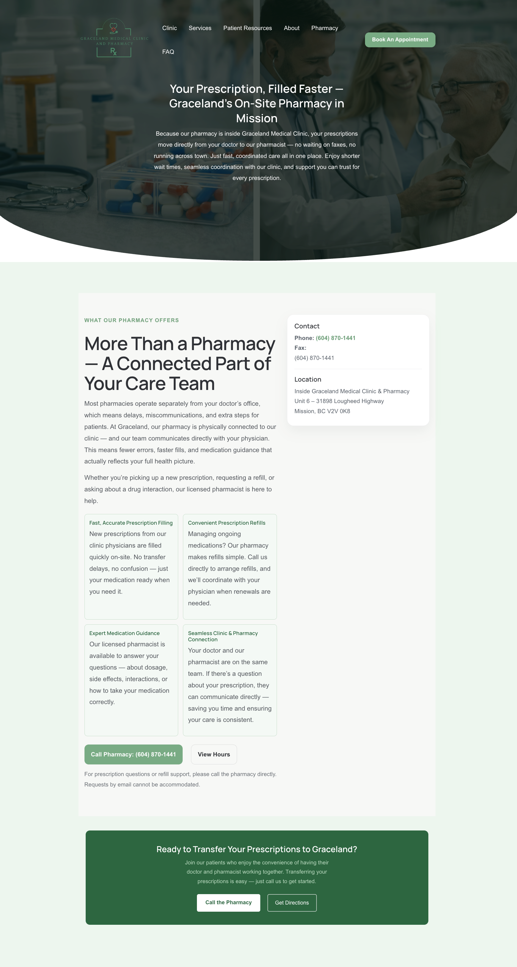 Graceland Medical pharmacy page, showing integrated pharmacy and clinic booking