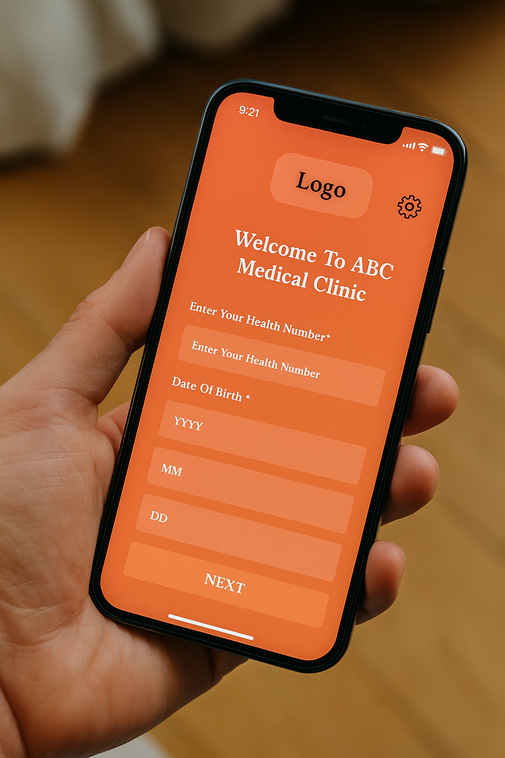 Patients First onboarding screen on an iPhone with inputs for health number and date of birth.